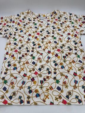 Izod White Tee with Gold Chain and Multicolor Crest Print Women's Large